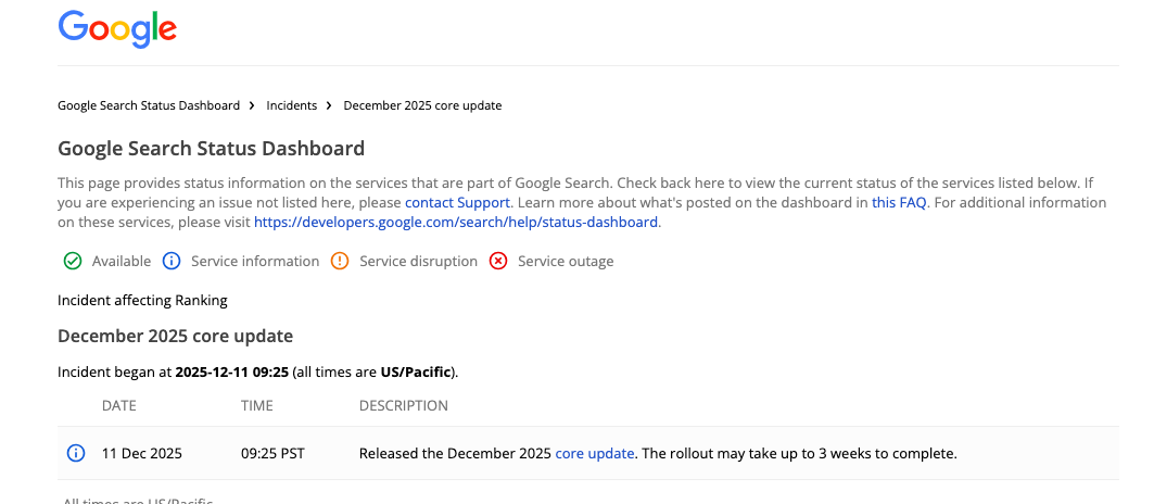 Google cập nhật cốt lõi Core Update tháng 12-2025, thông báo trên Google Search Status Dashboard Screen Shot 2025 12 16 at 08.03.38
